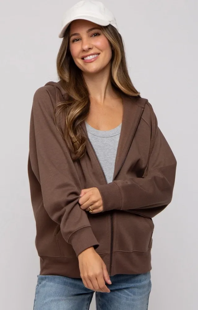 Brown Front Zipper Hooded Maternity Sweater