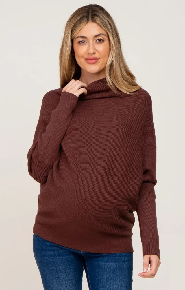 Brown Funnel Neck Dolman Sleeve Maternity Sweater