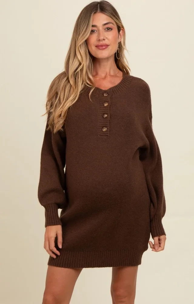 Brown Half Button Up Maternity Mini Sweater Dress