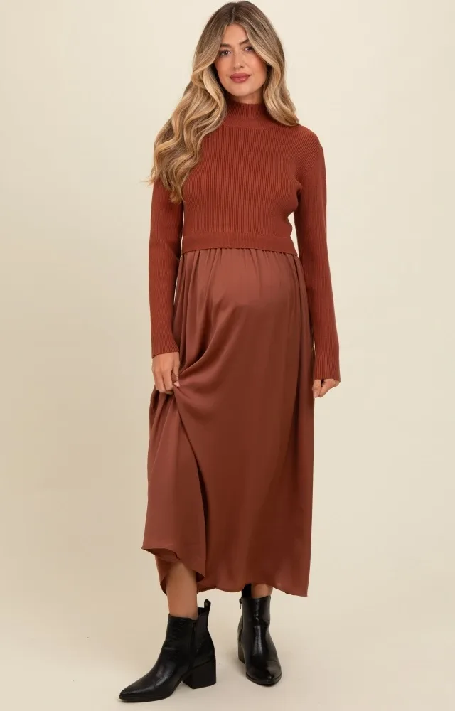 Brown Knit Contrast Top Satin Maternity Midi Dress