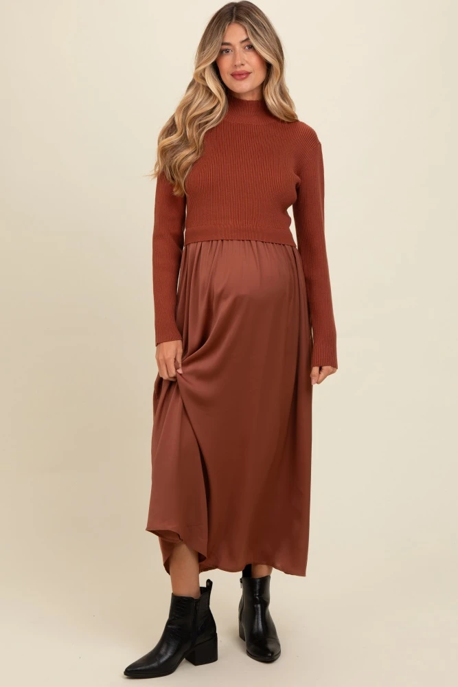 Brown Knit Contrast Top Satin Maternity Midi Dress