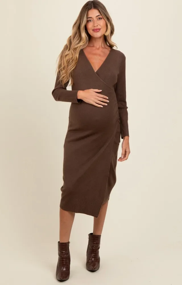 Brown Knit Crossover Ruched Maternity Midi Dress