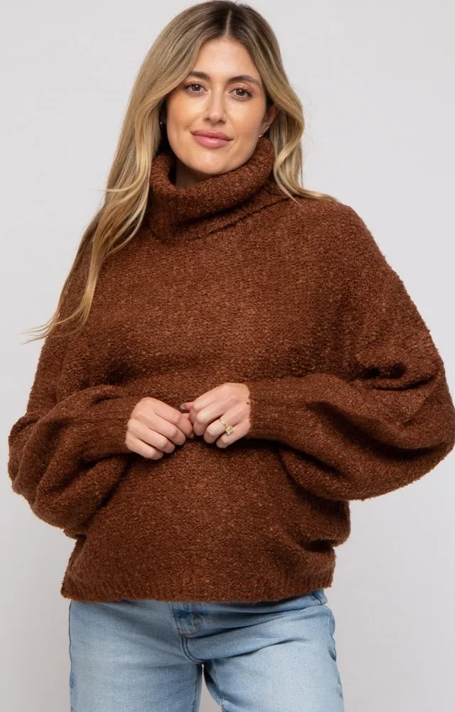 Brown Knit Turtle Neck Maternity Sweater