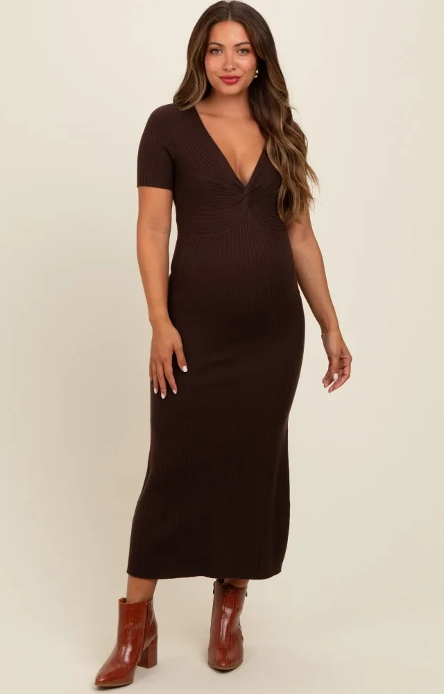 Brown Knit Twisted V-Neck Maternity Maxi Dress