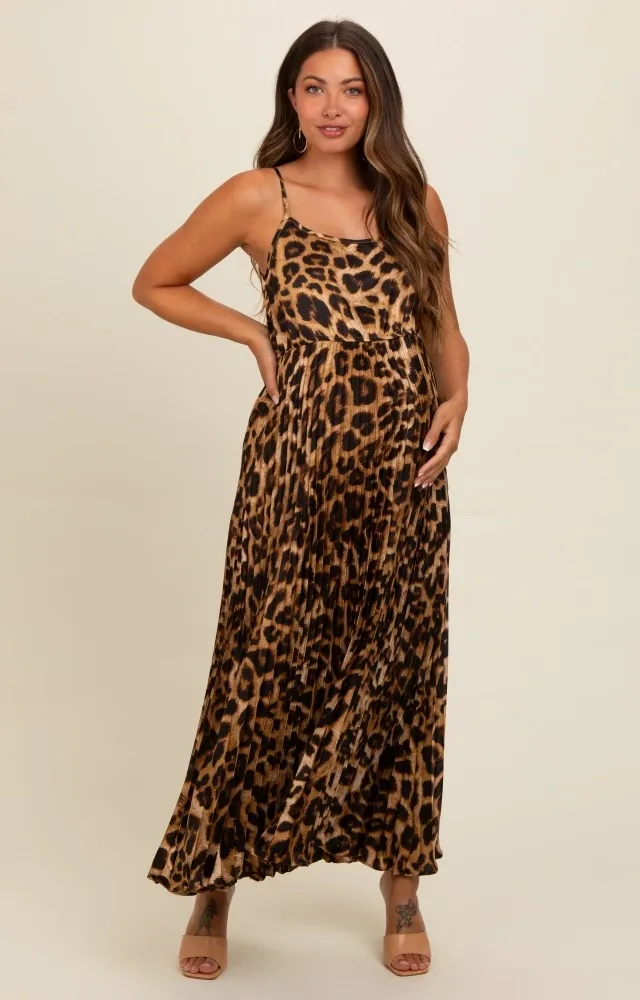 Brown Leopard Print Pleated Maternity Maxi Dress