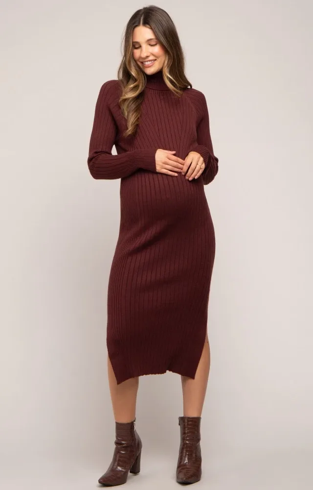 Brown Long Sleeve Turtleneck Maternity Sweater Dress