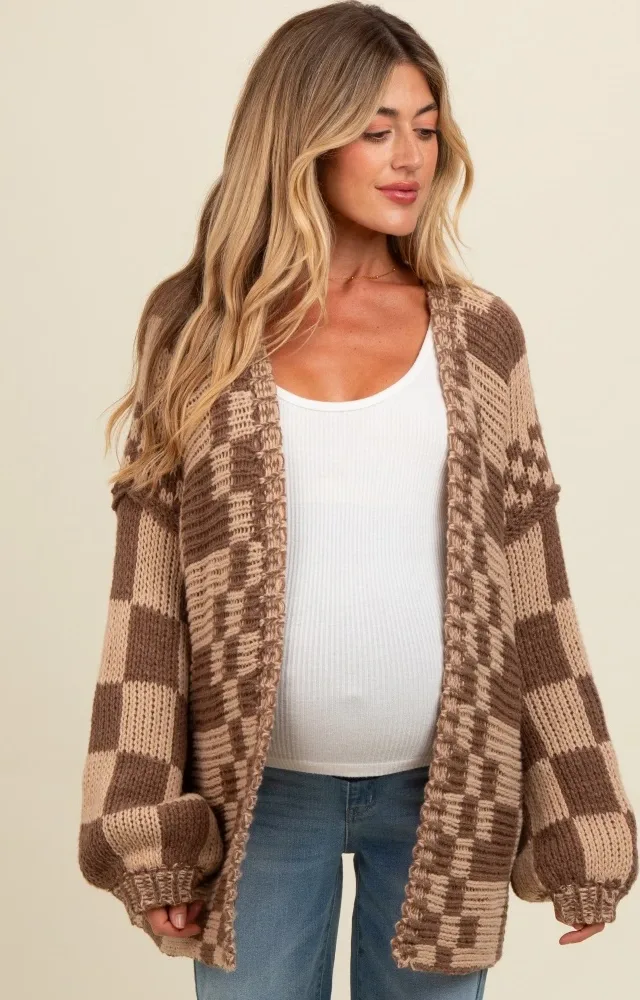 Brown Mixed Check Pattern Chunky Maternity Cardigan