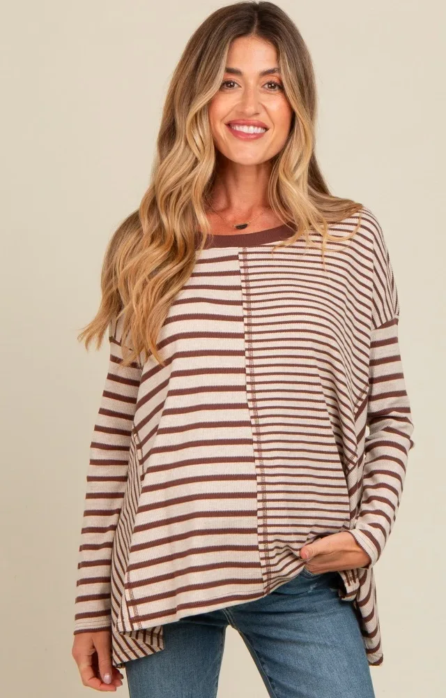 Brown Mixed Stripe Trapeze Maternity Top