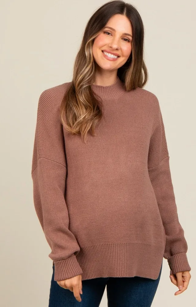 Brown Mock Neck Basic Maternity Sweater