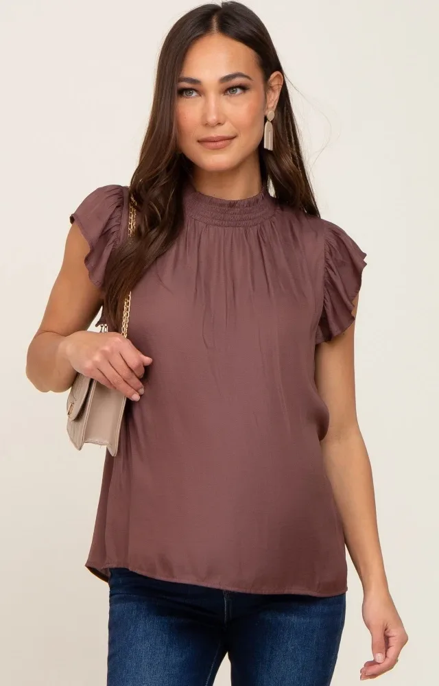 Brown Mock Neck Flutter Maternity Blouse