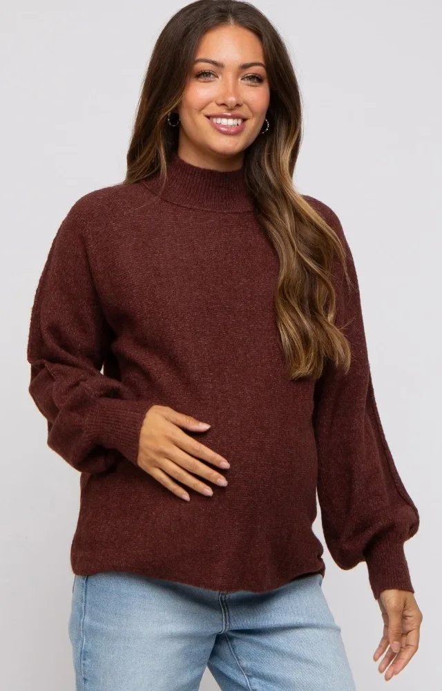 Brown Mock Neck Maternity Sweater