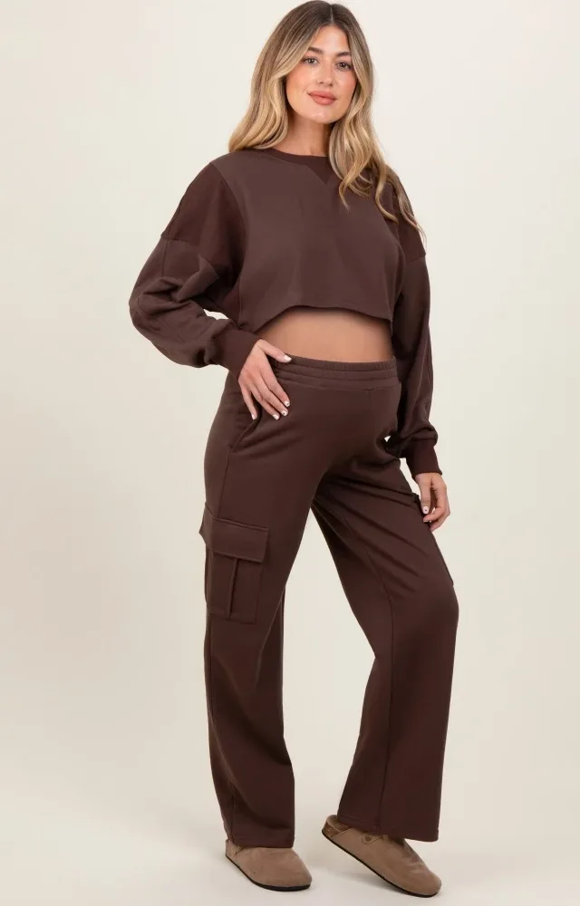 Brown Oversized Crop Sweatshirt Cargo Sweatpant Maternity Set