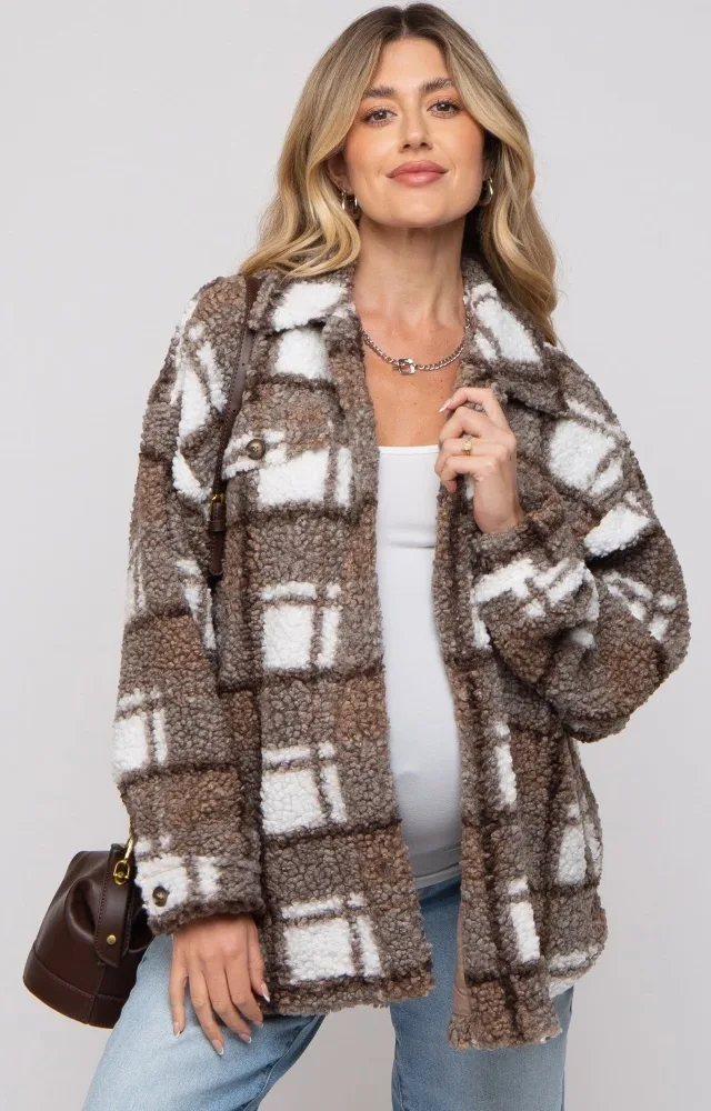 Brown Plaid Sherpa Maternity Jacket