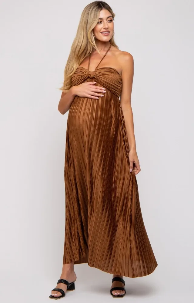 Brown Pleated Halter Maternity Maxi Dress