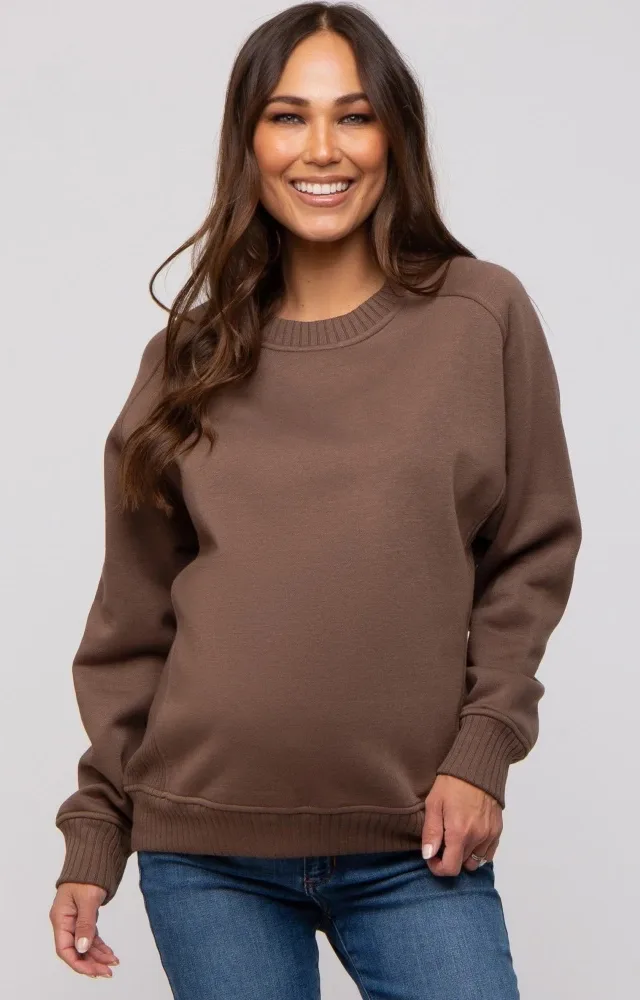 Brown Pullover Maternity Terry Crewneck