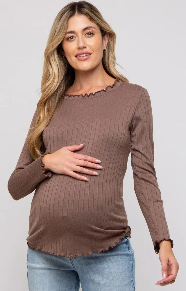 Brown Rib Knit Lettuce Trim Maternity Long Sleeve Top