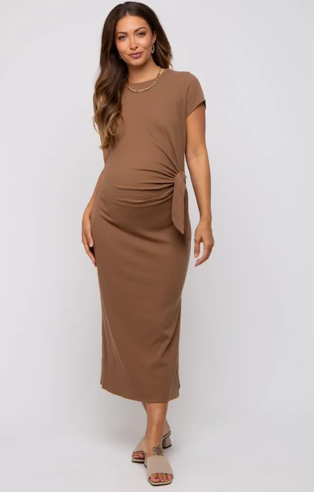 Brown Rib Knit Side Tie Maternity Midi Dress