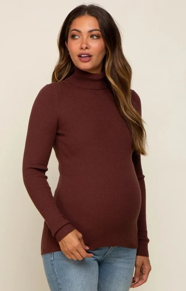 Brown Ribbed Fitted Long Sleeve Maternity Top