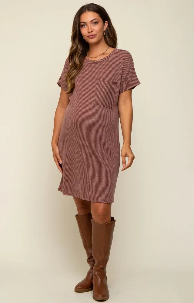 Brown Ribbed Front Pocket Dolman Short Sleeve Maternity Dress