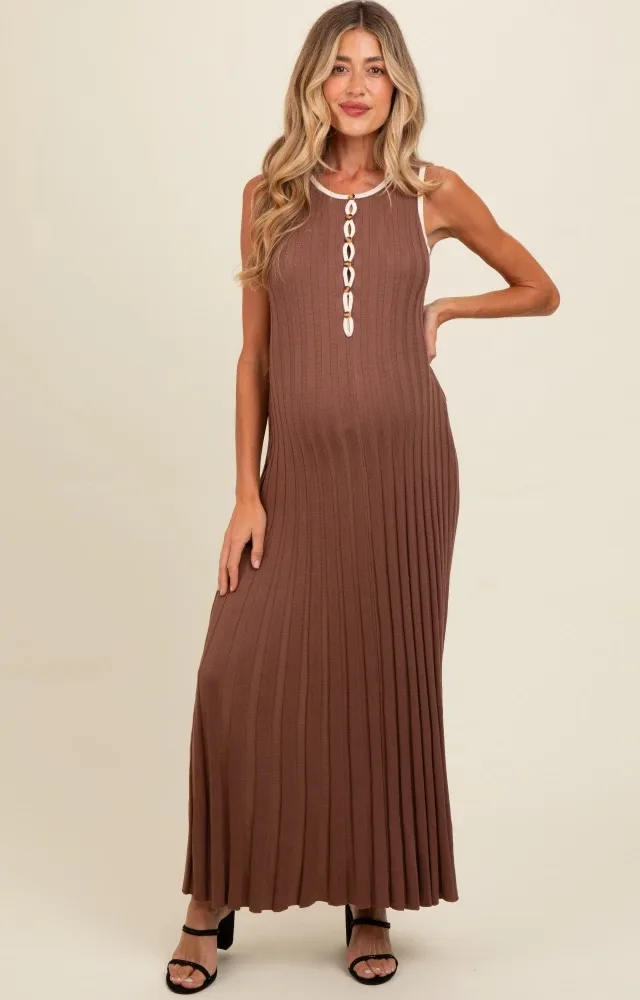 Brown Ribbed Knit Button Detail Sleeveless Maternity Maxi Dress