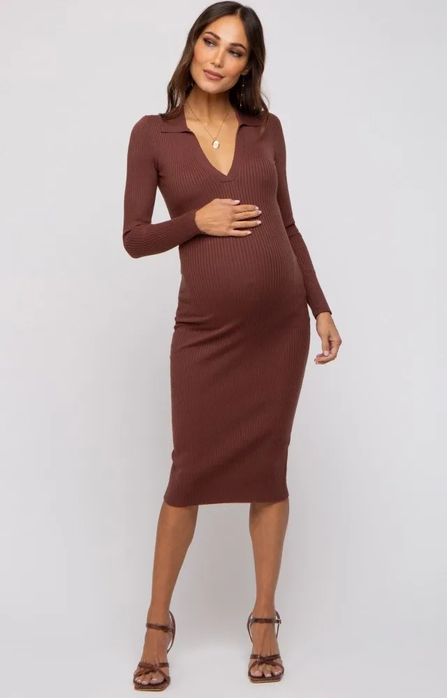 Brown Ribbed Knit Fitted Maternity Dress