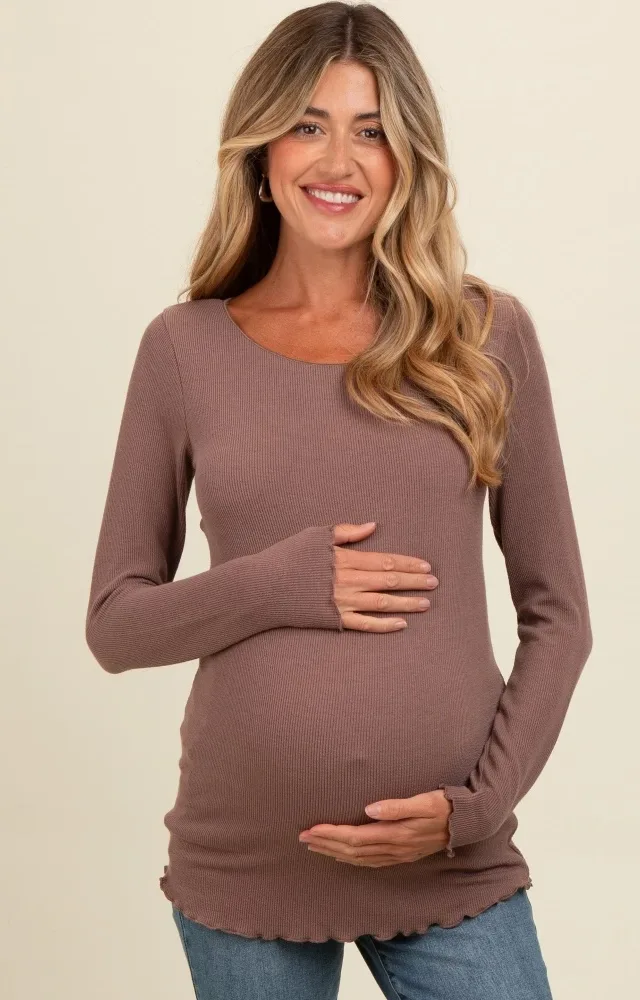 Brown Ribbed Knit Long Sleeve Lettuce Hem Maternity Top