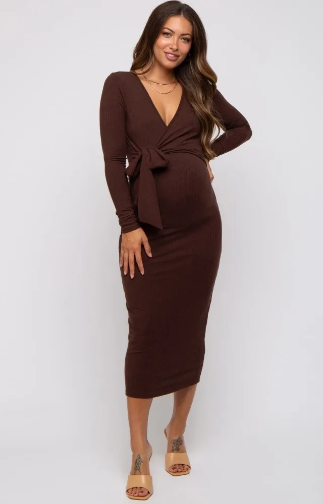 Brown Ribbed Long Sleeve Maternity Wrap Dress