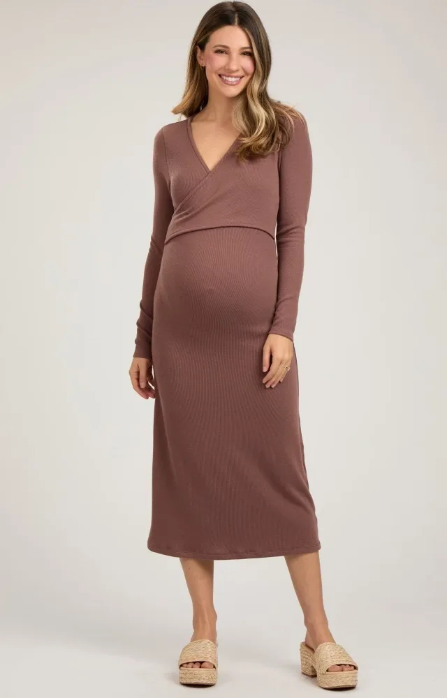 Brown Ribbed Long Sleeve Maternity Wrap Nursing Dress