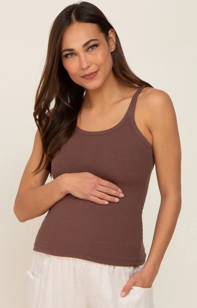 Brown Ribbed Maternity Tank Top