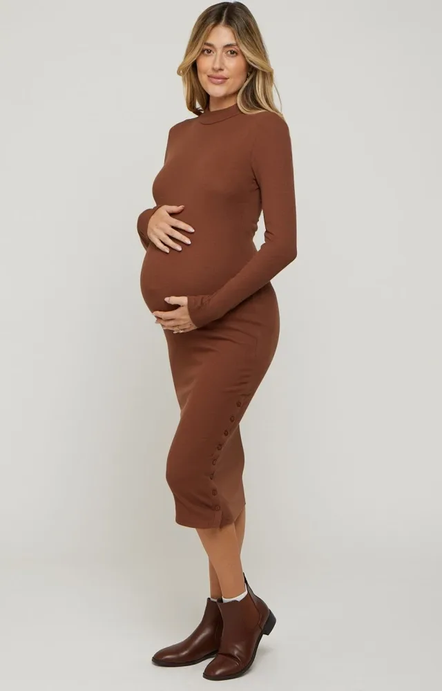 Brown Ribbed Mock Neck Button Side Slit Maternity Midi Dress