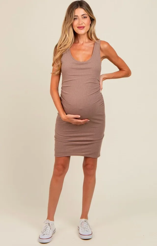 Brown Ribbed Ruched Maternity Dress