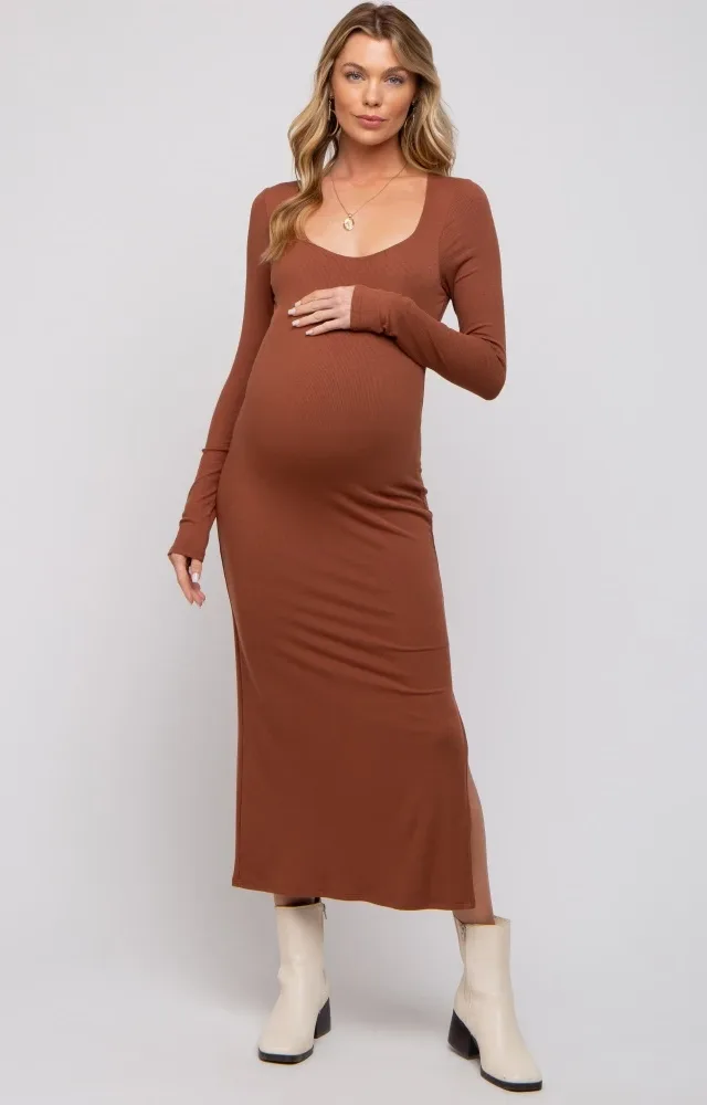 Brown Ribbed Side Slit Maternity Midi Dress