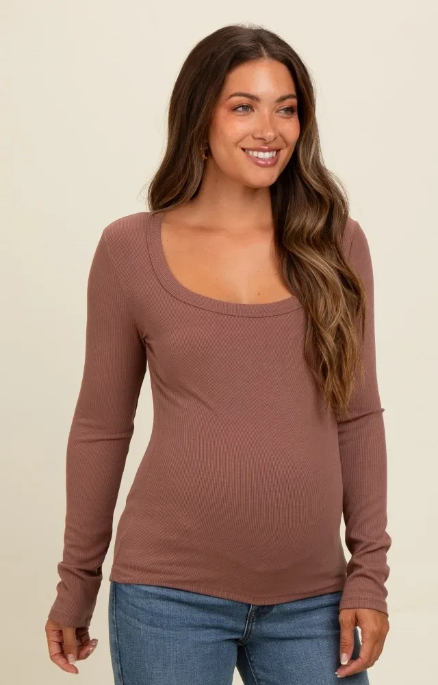 Brown Ribbed Square Neck Long Sleeve Maternity Top