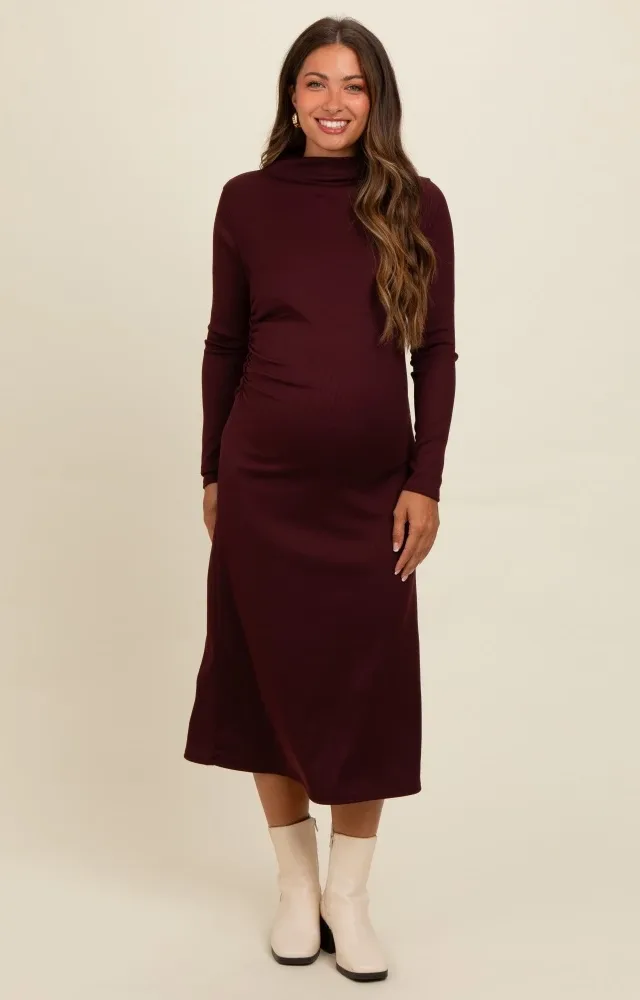 Brown Ruffle Mock Neck Long Sleeve Maternity Midi Dress