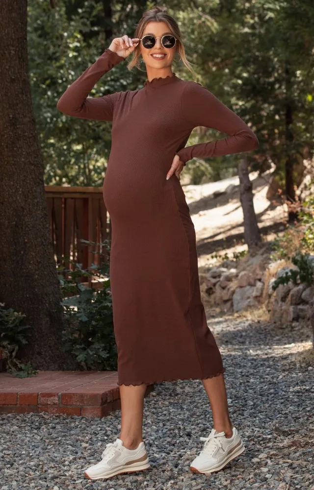 Brown Ruffle Mock Neck Long Sleeve Maternity Midi Dress