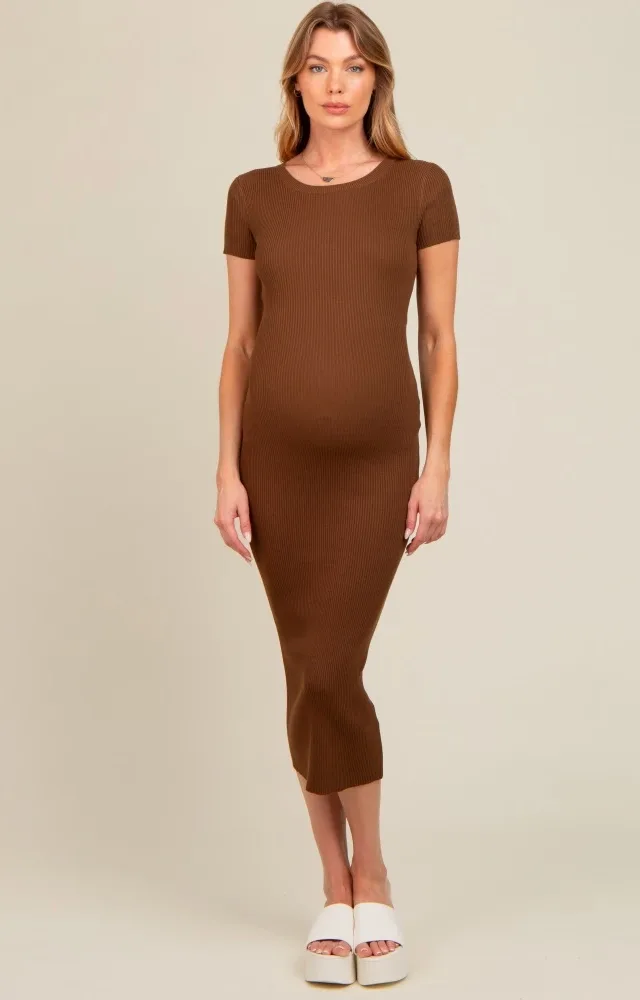 Brown Short Sleeve Rib Knit Maternity Midi Dress