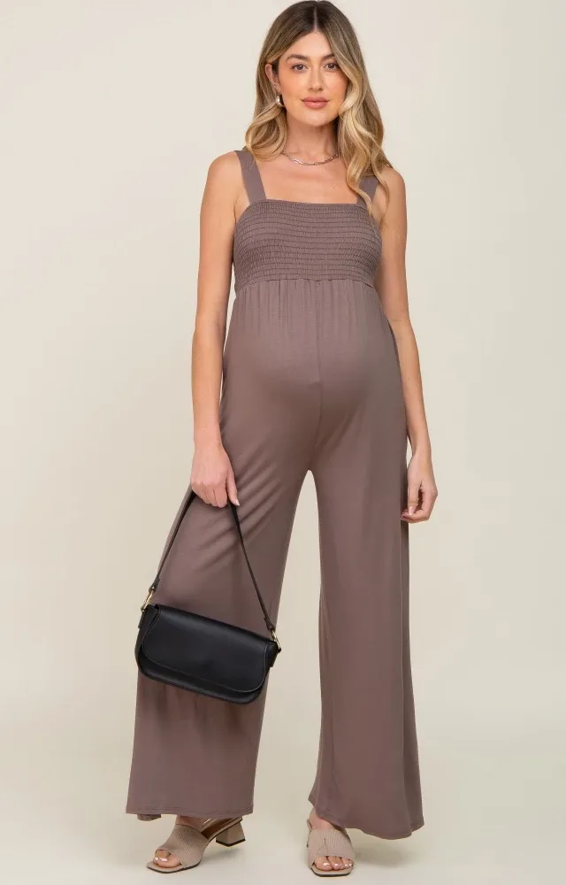 Brown Sleeveless Wide Leg Maternity Jumpsuit