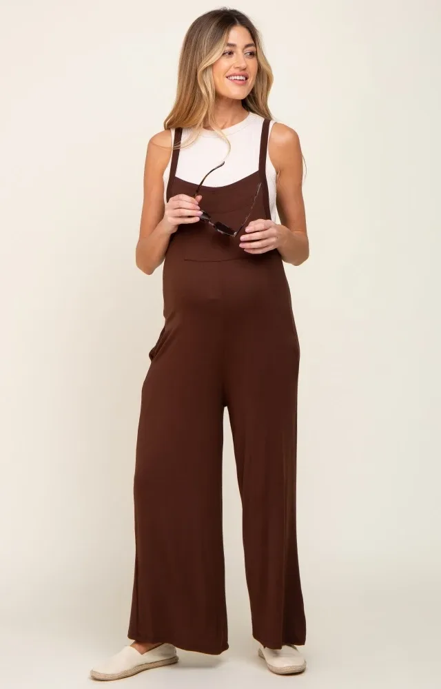 Brown Sleeveless Wide Leg Maternity Jumpsuit