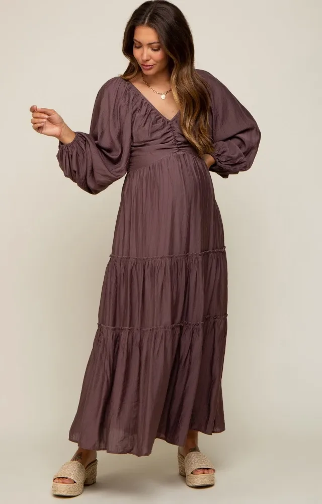 Brown Smocked Front Cutout Tiered Maternity Maxi Dress