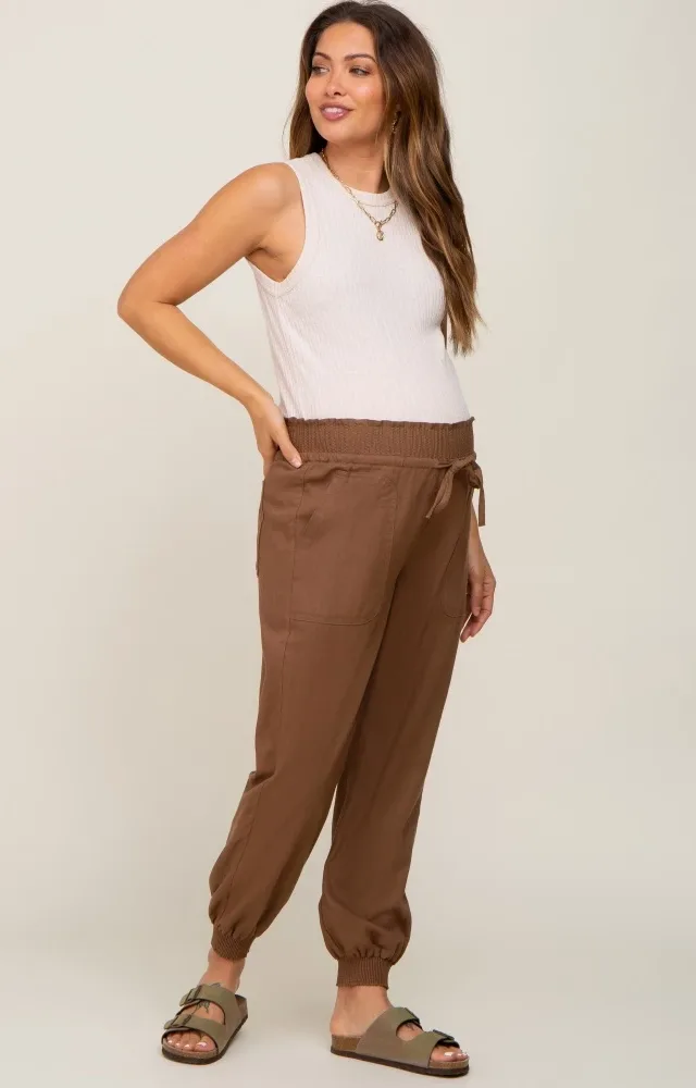 Brown Smocked Maternity Joggers