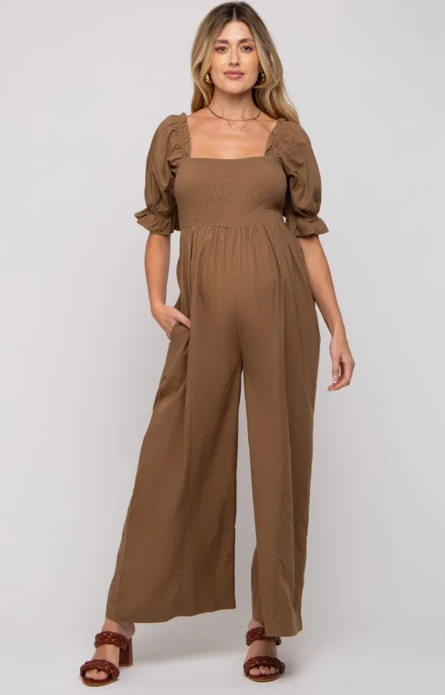 Brown Smocked Square Neck Wide Leg Maternity Jumpsuit