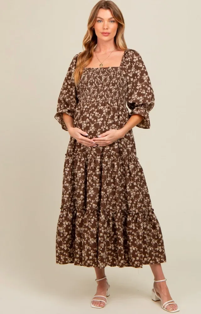 Brown Smocked Tiered Pocketed Maternity Midi Dress