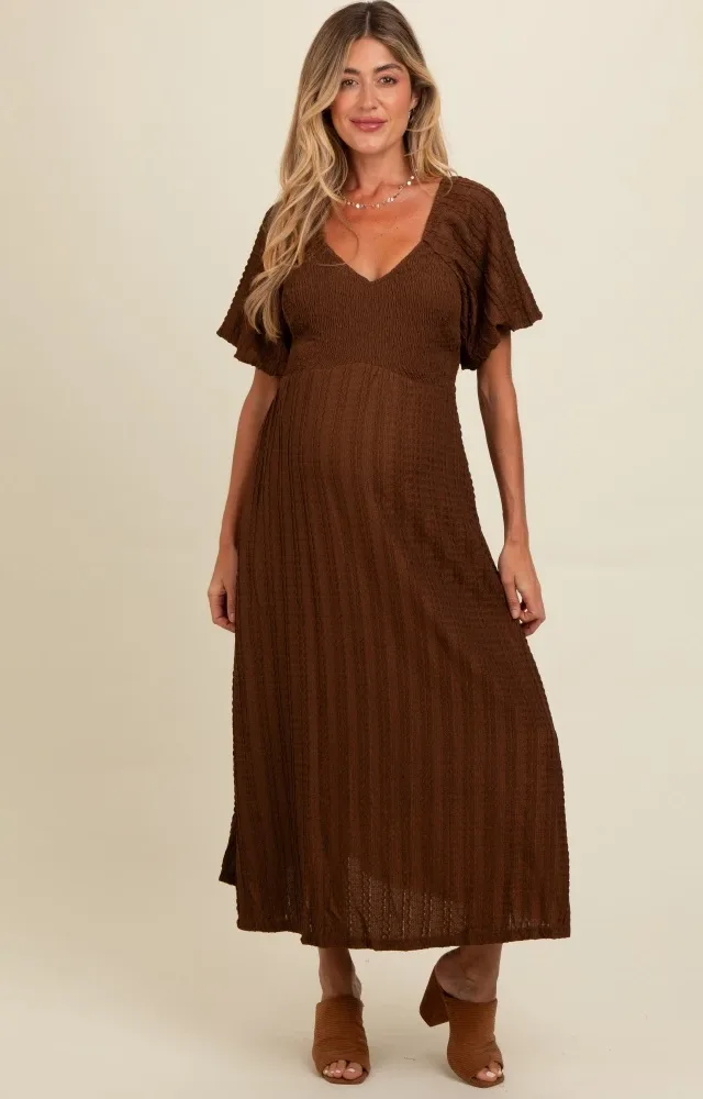 Brown Smocked V-Neck Short Puff Sleeve Textured Maternity Midi Dress