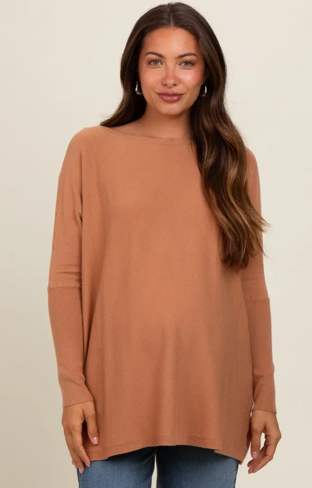 Brown Soft Knit Boatneck Maternity Sweater