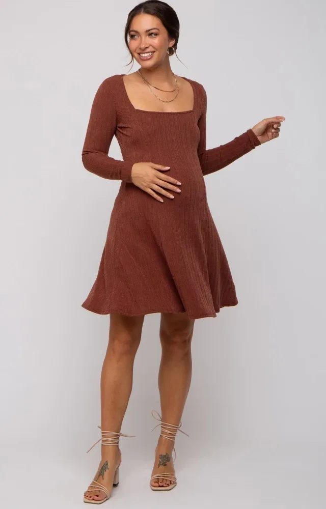 Brown Square Neck Long Sleeve Maternity Dress