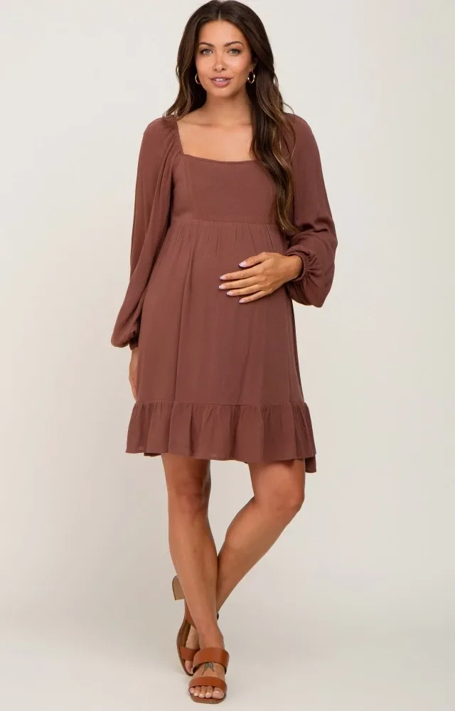 Brown Square Neck Puff Long Sleeve Maternity Dress