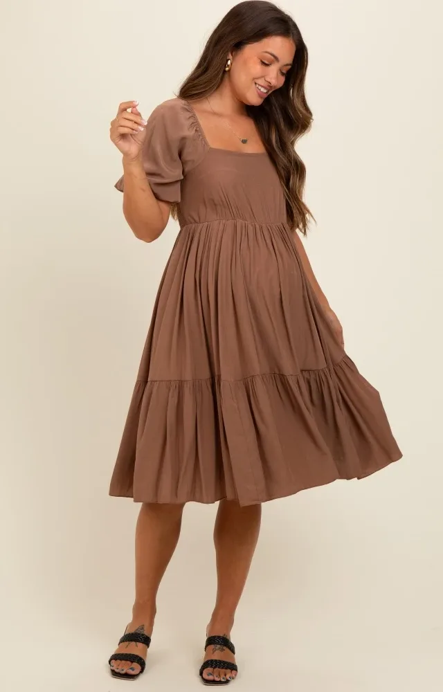 Brown Square Neck Puff Sleeve Maternity Dress