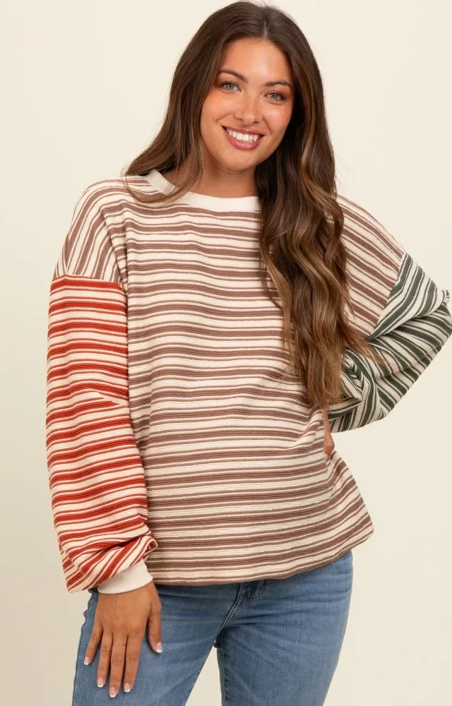 Brown Striped Colorblock Bubble Sleeve Maternity Top