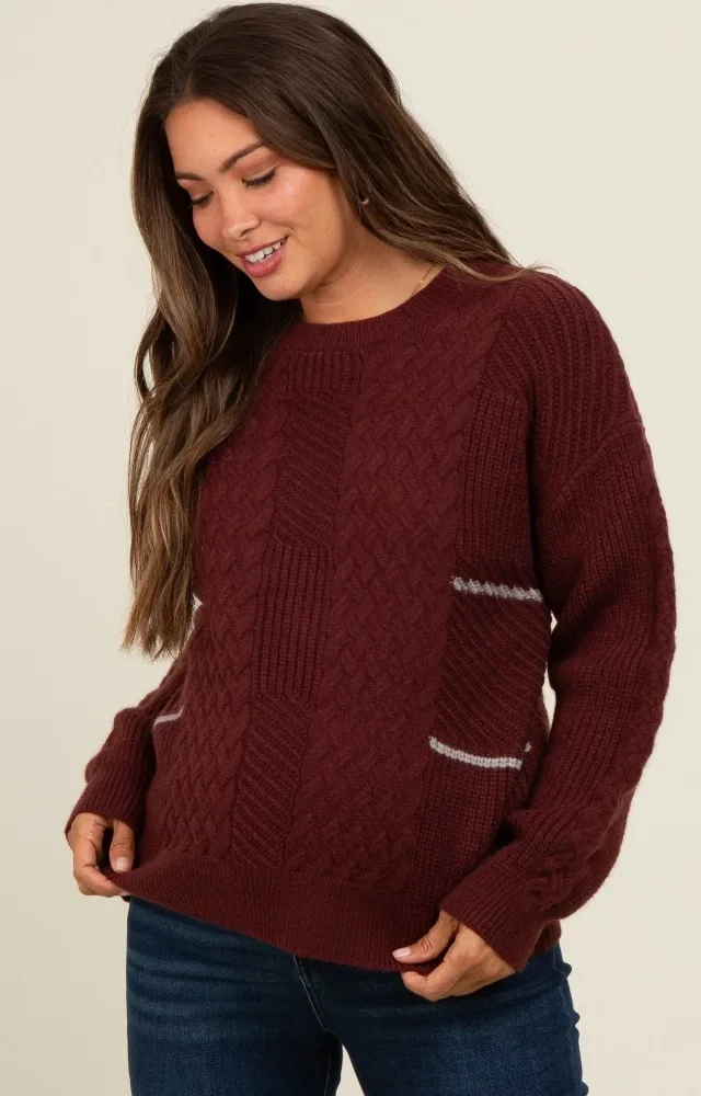 Brown Striped Mixed Cable Knit Maternity Sweater