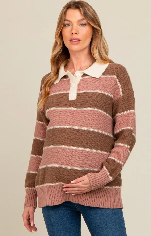 Brown Striped Polo Knit Maternity Sweater